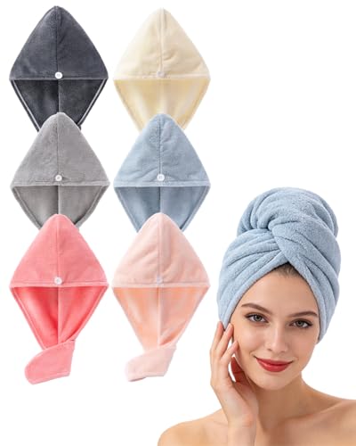 Microfiber Hair Towel Wrap for Women 6 Pack - Ultra Absorbent Fast Drying Turban with Button Closure, Anti-Frizz Design for Curly/Straight Hair, Lightweight & Machine Washable 25x65cm (6 Colors) - color: Red+grey+pink+blue+darkgrey+cream