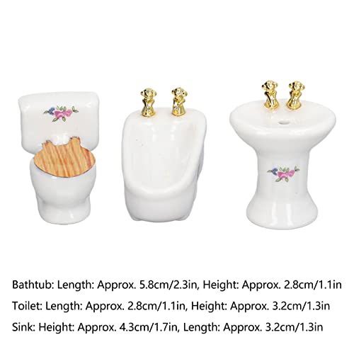 1:24 Dollhouse Miniature Bathroom Set, Ceramic Simulation Bathtub Toilet Sink, Miniature Furniture, Mini Ceramic Bathroom Furniture Set for Dollhouse Restroom Decoration (Flower Pattern)