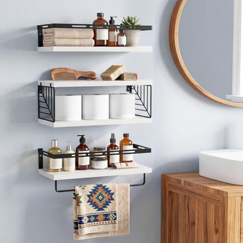 Fixwal Wall Mounted Bathroom Shelves Over Toilet, Rustic Wood Floating Shelves with Metal Frame and Towel Bar for Bathroom, Kitchen, Bedroom, Living Room (3 Plus 1 White) - color: 4-white
