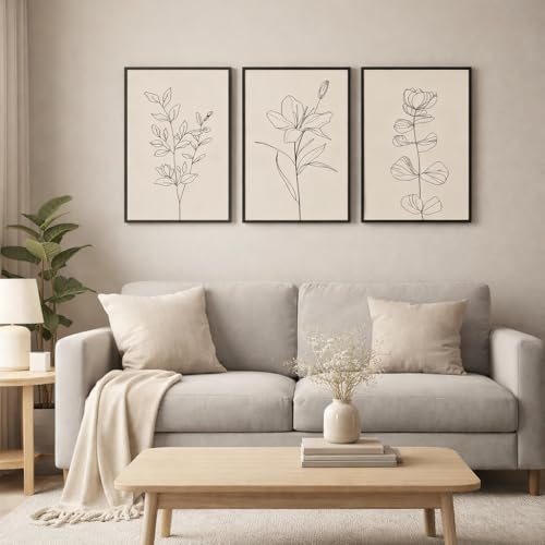 CHTEXA Minimalist Botanical Wall Art Set Of 3 Framed Canvas Prints Neutral Beige Plant Line Art Decor For Living Room Bedroom Bathroom Office 12x16 Inch - size: 12x16 inch
