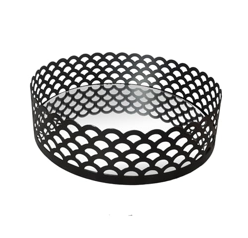 Black Metal Decorative Tray with Mirror Base - Round Vanity Tray for Makeup Brushes, Jewelry, Perfume, and Home Décor(7.3”X2”) - size: 7.3"