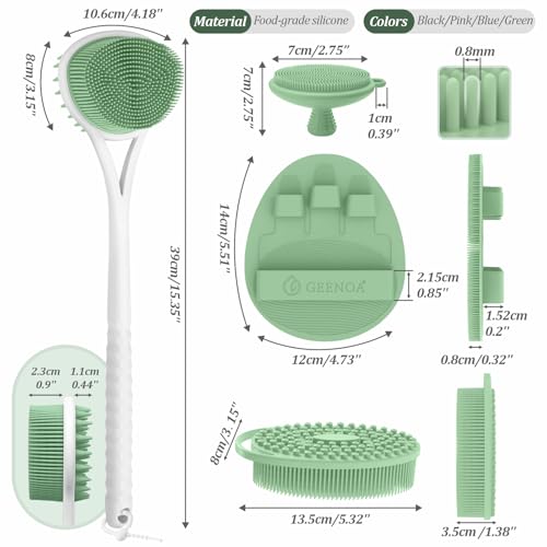 Silicone Back Body Face Scrubbers Set 4PCS, 15.35’’ Back Scrubber Soft Body Scrubber for Dual-Side Usage, Easy-to-Hold Soft Bath Glove & Face Scrubber for Good Foaming Deep Cleaning(Green) - color: Green*4