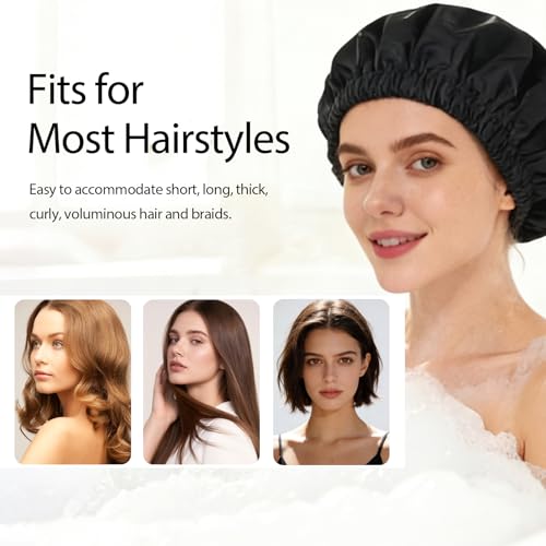 Shower Cap for Women Reusable Waterproof, Large Bath Cap with Elastic Band, Hair Caps for Long Hair and Braids, Black - color: Black