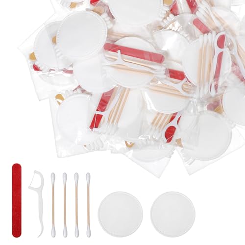 100 Pack Wedding Bathroom Basket Supplies Essentials for Guests - Travel Cleaning Kit for Hotels with Bamboo Cotton Swabs, Nail File, Makeup Pads, Dental Floss