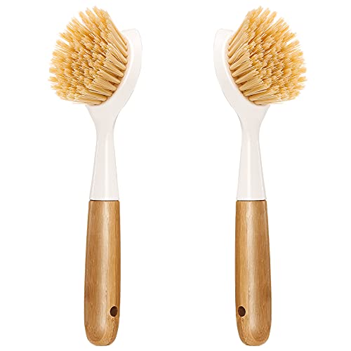 2 Pack Kitchen Dish Brush Bamboo Handle Dish Scrubber Built-in Scraper, Scrub Brush for Pans, Pots, Kitchen Sink Cleaning, Dishwashing and Cleaning Brushes are Perfect Cleaning Tools, White - style: White