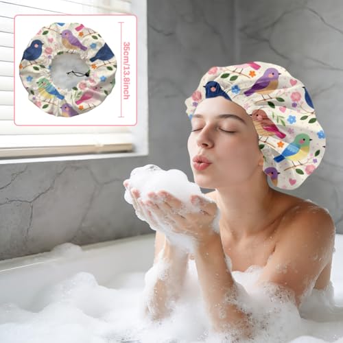 Bohemian Birds Flowers Reusable Shower Cap Cute Double Layer Waterproof Shower Caps Large Elastic Hair Cover Adjustable Hair - Drying Caps for Woman Bath SPA Travel One Size Fits Most - color: Birds Flowers
