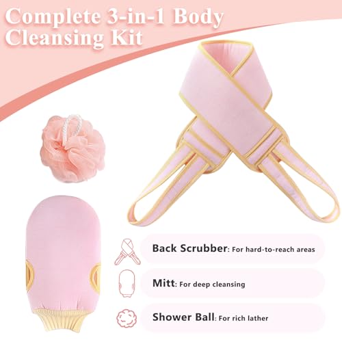 Exfoliating Glove and Back Scrubber for Shower - 3-Piece Exfoliating Mitt Set with Bath Sponge - Deep Skin Cleansing Body Scrubber for Dead Skin Removal, Self-Tan (Pink) - color: Pink