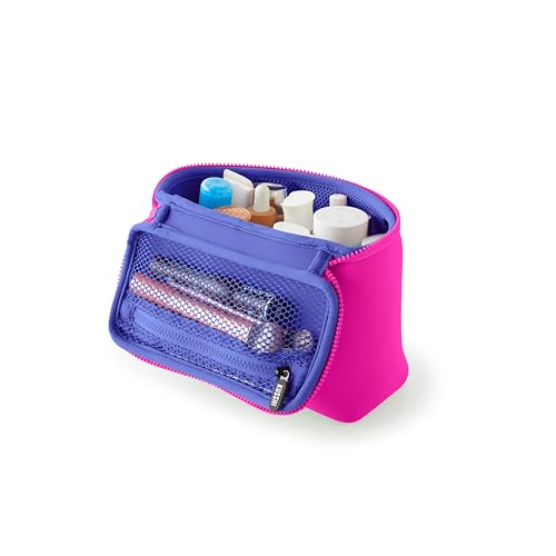 KUSSHI Neoprene Train Case Makeup Bag - Washable Makeup Travel Bag & Vanity Case for Stress Free Travel (Small, Pink/Indigo) - color: Pink/Indigo, size: Small