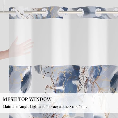 No Hook Floral Shower Curtain with Snap in Liner 71x74 Inch | Blue Watercolor Flower with Gold Line Art, Shower Curtains for Farmhouse Bathroom, Waterproof Fabric with Mesh Top Window - color: Blue and Gold Floral