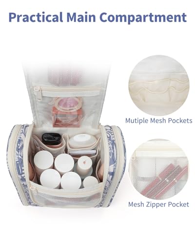 Narwey Small Hanging Toiletry Bag Women Travel Makeup Bag Organizer Toiletries Bag for Travel Size Essentials Accessories Cosmetics (Medium, Blue Leaf) - color: B-Blue Leaf, size: Medium