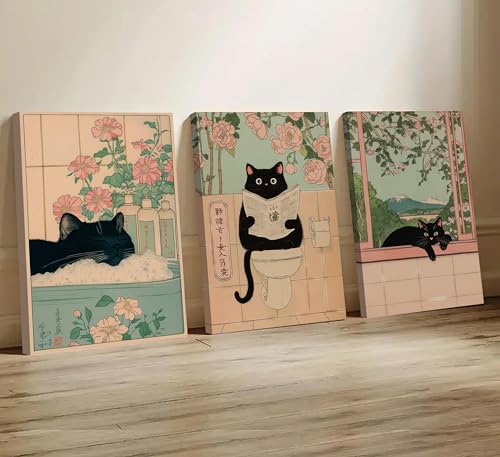 ZWTJPLN Japanese Ukiyo-e Style Black Cat Bathroom Canvas Wall Art Set (8x11/12x16Inches) - 3-Piece Funny Cat Decor for Restroom, Toilet & Home - color: Funny Cat, size: 10L" x 8W"Canvas