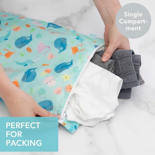 Bumkins Waterproof Wet Bag for Baby, Travel, Swim Suit, Cloth Diapers, Pump Parts, Pool, Beach, Gym Clothes, Toiletry, Hook to Stroller, Daycare, Zipper Reusable Wetdry Packing Pouch, Ocean Life Blue - color: H5 Ocean Life, style: Wet Bag