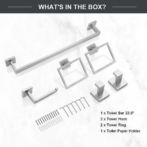 TQKAG 6-Piece Bathroom Towel Bar Sets Brushed Nickel 23.6 inch Towel Bar Stainless Steel Towel Ring Coat Hook and Toilet Paper Holder Bathroom Hardware Set Wall Mounted Bathroom Accessories Kit - color: Brushed Nickel, size: 6-Pieces Set-A