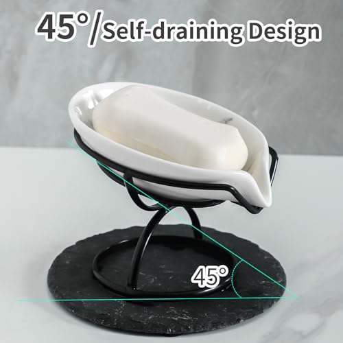 Dobbyby Leaf-Shaped Soap Dish – Premium Ceramic Soap Bar Holder with Self-Drainage System – Bar Soap Holder for Shower, Bathroom Sink, Kitchen – Waterfall Soap Dish with Stainless Steel Stand (Black) - color: Black