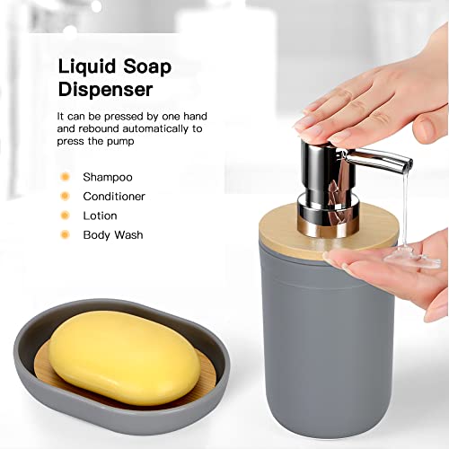 Otostar Grey Bathroom Accessories Set Bamboo Bathroom Set with Qtip Holder Soap Dispenser Toothbrush Holder Tumbler Soap Dish Toilet Brush Holder Trash Can Plastic Bath Set Housewarming Gift (Grey) - style: A-Grey Bamboo Cover Set