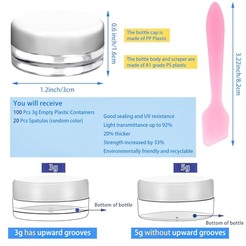 100 Pcs 3g Empty Plastic Containers with White Lids,Tiny Makeup Sample Containers, Small Pot Jars Clear Round Cosmetic Jars with 20 Pcs Mini Spatulas for Liquid Sample Powder Creams - color: White, size: 3g