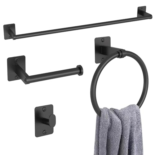 KLJKPA Black Bathroom Accessories Set, 4-Piece Bathroom Hardware Set | 24 inch Towel Bar, Towel Racks for Bathroom, Robe Towel Hooks, Toilet Paper Holder Wall Mounted - color: Black (4 Piece), size: 24 inch