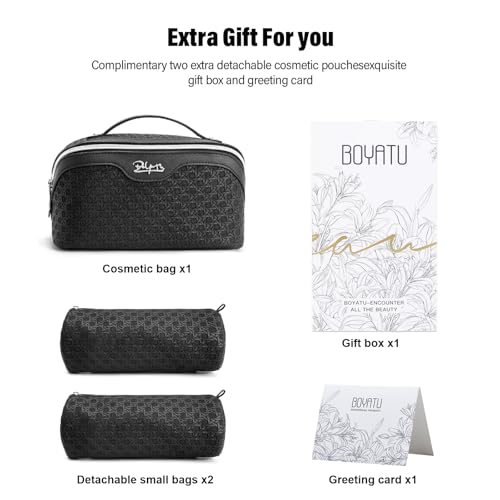 BOYATU Travel Makeup Bag Cosmetic Bags for Women: Large Capacity 3 Pcs Set Make up Bag with Compartments - Waterproof Vegan Leather Toiletry Organizer Bags with Handle (M-71Black) - color: M-71Black
