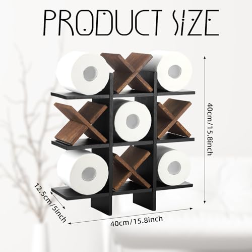 Weysat Tic Tac Toe Toilet Paper Holder Stand Bathroom Wall Decor Rustic Wooden Hanging Storage Freestanding Wall Mounted Shelves Decor for Toilet Tissue Farmhouse - color: Black, Dark Brown