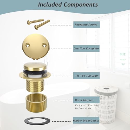 Tip-Toe Bathtub Drain Kit with Two-Hole Overflow Plate, Premium Quality Bath Tub Drain Replacement fits for All Bathtub, Universal Fine/Coarse Thread Bathtub Stopper (Brushed Gold) - color: Brushed Gold