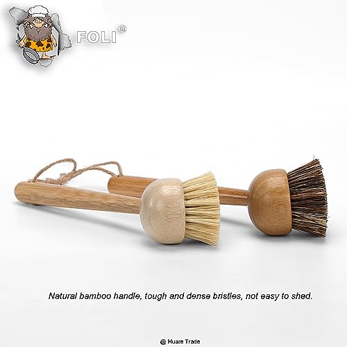 FOLI Bamboo Handle Dish Scrub Brushes - Wooden Cleaning Scrubbers with Stiff Bristles for Washing Kitchen Cast Iron Pan Pot (2PCS with Sisal & Palm Bristles, Long Handle)