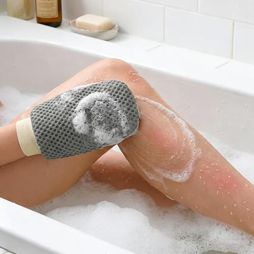 4 Pcs 3D Textured Mesh Soap Bag & Exfoliating Bath Glove Set, Soft Body Scrubber Clean Mitts for Women Men, Shower Bathing Accessories (Grey+Khaki)
