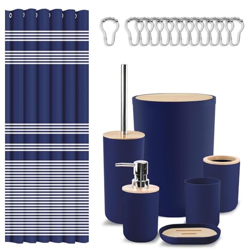 Britimes Bathroom Accessories Sets, Blue Shower Curtain Set with Trash Can, Soap Dispenser, Toilet Brush Holder, Toothbrush Holder and Toothbrush Cup for Bathroom Decor 72"*72" - color: Blue