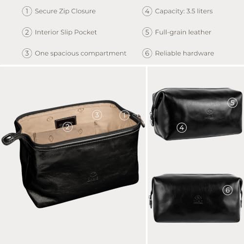Time Resistance Leather Toiletry Bag - Italian Cosmetic Case Dopp Kit (Black) - color: Black