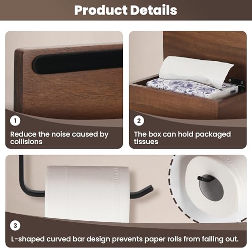 Toilet Paper Holder with Acacia Wood Shelf - Wall Mount & Self-Adhesive Bathroom Tissue Roll Holder, Black Stainless Steel with Storage - Home Apartment Restroom - color: Walnut & Matte Black Storage