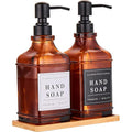 Amber Glass Soap Dispenser with Pump,Tray,Funnel, Countertop Soap and Lotion Dispenser Set of 2 with 60 Stickers, Dish and Hand Soap Dispenser Bottle for Kitchen,Bathroom,Shower,500ml/16.9oz - color: Blk-5070-2b
