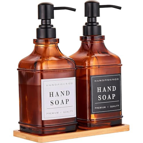 Amber Glass Soap Dispenser with Pump,Tray,Funnel, Countertop Soap and Lotion Dispenser Set of 2 with 60 Stickers, Dish and Hand Soap Dispenser Bottle for Kitchen,Bathroom,Shower,500ml/16.9oz - color: Blk-5070-2b