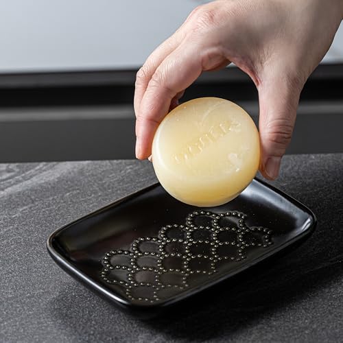 Gomakren Ceramic Soap Dish Bar Soap Holder for Bathroom Kitchen Sink Black | Keeps soap dry & long-lasting, raised scalloped design, non-slip base, easy to clean, versatile tray counter storage & decor - color: Black, size: Scalloped