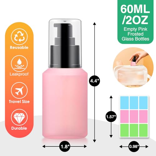 3PCS 60ML/2OZ Empty Pink Frosted Glass Bottles with Pump Refillable Vial Cosmetic Dispenser Jars Storage Travel Lotion Container Portable Sample Bottle for Toiletries,Foundation,Cream,Gel,Lotion - color: Pink, size: 2 OZ