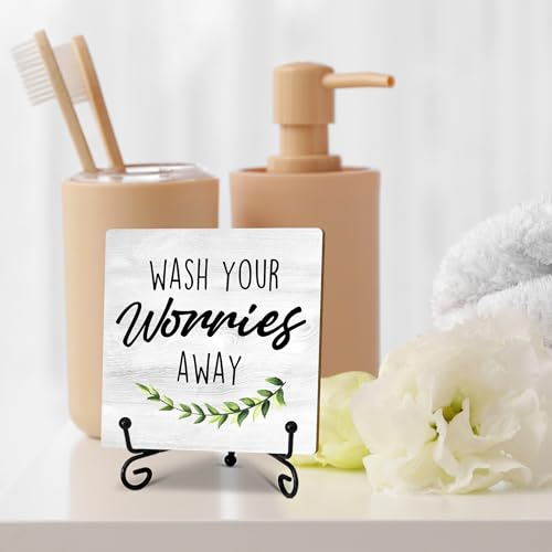 Sage Green Laundry Decor, Wash Your Worries Away Sign, Funny Bathroom Laundry Room Sink Shelf Decor, Guest Bathroom Decoration, Funny Toilet Washroom accessories and Decor（5 Inches）-A21 - color: grey
