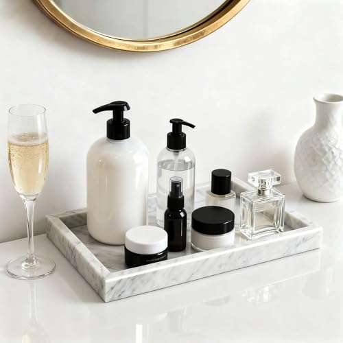 12"x8" Marble Tray White Rectangular Bathroom Tray countertop, Vanity & Kitchen | Includes Mirror Wiper and Wash Towel | Decorative Organizer for Perfume, Jewelry & Home Decor