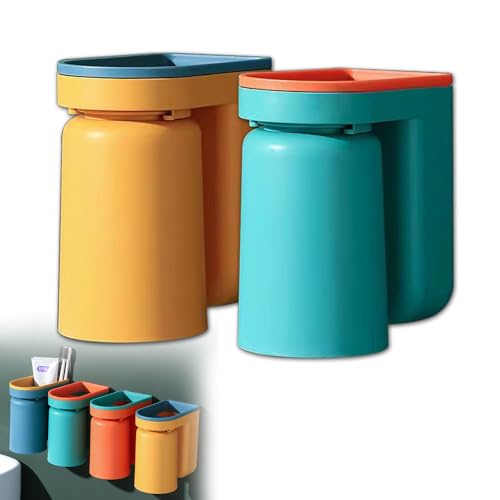 Toothbrush Holder Wall Mounted with Cup,2-in-1 Toothbrush Holders & Cups Set,Inverted Design for Easy Cleaning and draining,Stick-on Toothbrush Holder for Bathroom (Green+Yellow) - color: Green+yellow