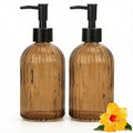 Glass Soap Dispenser Set with Wood Tray, Glass Soap Dispenser with Plastic Pump, Hand and Dish Set for Bathroom Decor (Amber)