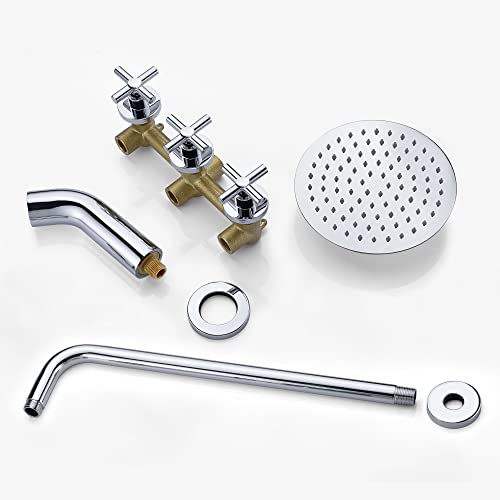SUMERAIN 3 Handle Shower and Tub Faucet Set, Chrome | Wall Mounted, Waterfall Tub Spout, 8" Rain Shower Head, Brass Rough-in Valve, Cross Handle - color: Chrome