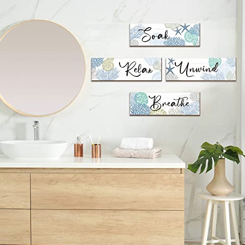 Pinkunn 4 Pcs 11 x 3.5 Inches Ocean Beach Bathroom Wall Decor Coastal Bathroom Decor Wood Relax Soak Unwind Breathe Wall Art Starfish Seashell Coral Nautical Art Rustic Farmhouse Wooden Signs