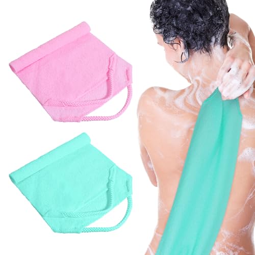 2 Pcs Exfoliating Back Scrubber with Handles,Nylon Back Scrubber Back Wash Cloth Exfoliating Shower Towel Stretchable Back Washer for Shower for Women Men Back Cleans Skin Massages(Pink,Green) - color: Blue,purple