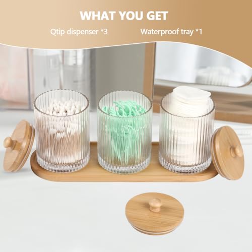 eggs sound 3 Pack Qtip Holder - Bathroom Organizers and Storage, Cotton Round Holder Floss Pick Cotton Ball Holder Swab Dispenser Set with Tray, Glass Apothecary Jars with Lids, -sw clear y