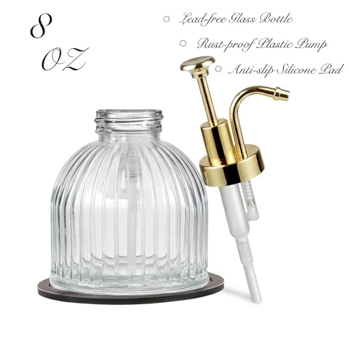 SheeChung 8 Oz Glass Soap Dispenser Bathroom, Clear Liquid Hand Soap Dispenser with Pump, Refillable Dish Soap Dispenser for Kitchen, Cute Modern Stripes Lotion Bottle, Shampoo (Gold Pump, 1 Pack) - color: Clear-gold Pump, 1 Pack