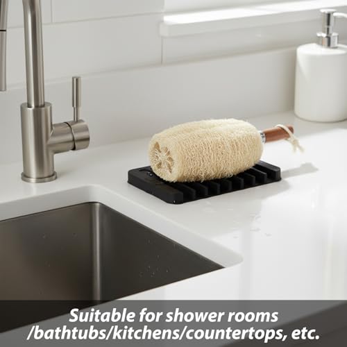 Silicone Soap Dishes Self Draining, 3 Pcs Soap Holder for Shower Bathroom Kitchen Sponges, Keep Dry Clean(Black)