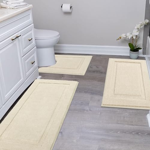 SHACOS Light Beige Bathroom Rugs Sets 3 Piece Bath Mat U Shaped Toilet Rug | 20x47+ 20x32+ 20x24, Soft Fluffy Microfiber Bath Rugs Set, Non Slip Washable Absorbent Bathroom Runner Floor Mats Shower Rug - color: Light Beige, size: 20"x32"+ 20"x47"+U Shape