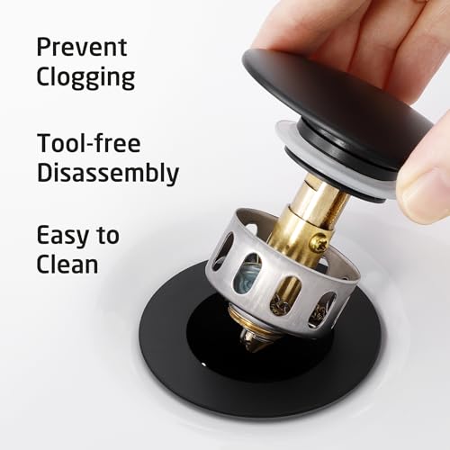 KES All Metal Bathroom Sink Drain with Strainer Basket Hair Catcher Anti Clog Pop Up Drain Stopper for Lavatory Vanity Vessel Sink with Overflow, Rustproof 18/8 Stainless Steel Matte Black S2013A-BK - color: Black, style: for sink WITH overflow,1-pack