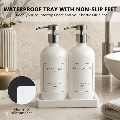 Glass Soap Dispenser Bathroom - Kitchen Dish Hand Soap Dispenser Set, Liquid Soap Lotion Dispenser with Tray, Hand Soap and Lotion Dispenser, White Bottle/Silver Pump-pd - color: White Bottle/Brushed Silver Pump + Tray