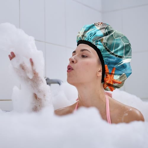 Luxury Shower Cap Terry Lined Reusable Triple Layer Waterproof Hair Elastic Caps Shower Bath Hat for Women Girls Cute Aesthetic-Sea Turtle - color: AL4-Sea Turtle