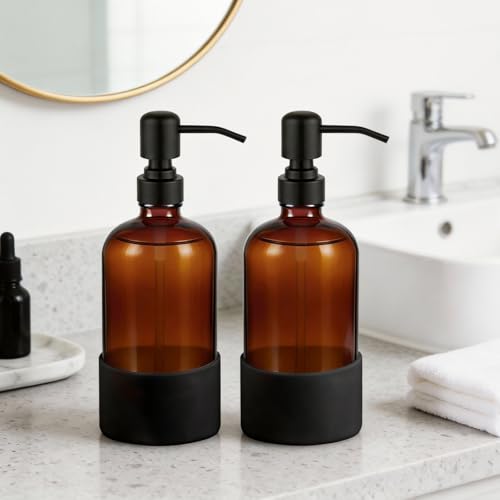 16 oz Hand and Dish Soap Dispenser Set for Kitchen and Bathroom, 500ml Amber Glass Soap Dispenser with Stainless Steel Pump, Non-Slip Silicone Sleeves, Labels - 2 Pack - color: Amber