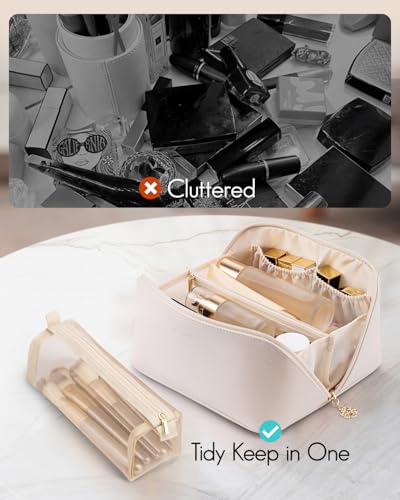 VLANDO Makeup Bag,Travel Toiletry Bag,Cosmetic Bag for Women PU Leather Portable Make up Bag for Skincare, Brushes & Travel Essentials-Off White - color: 05.Off White