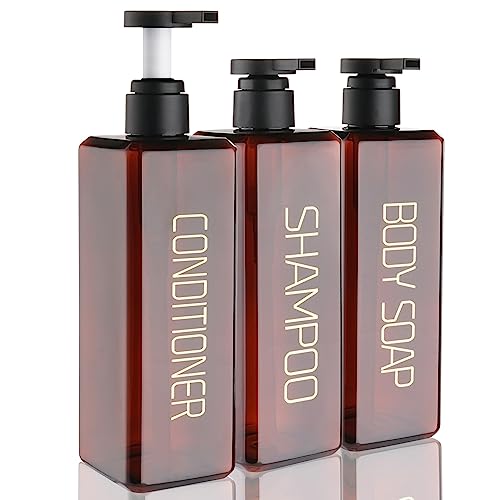 Shampoo and Conditioner Dispenser Shower Soap Bottles 3 Pack 550ml/18.6oz Refillable Shampoo Pump Bottle Dispenser Plastic Empty Body Wash Dispensers with Stylish Permanent Labels for Bathroom (Brown) - color: Brown